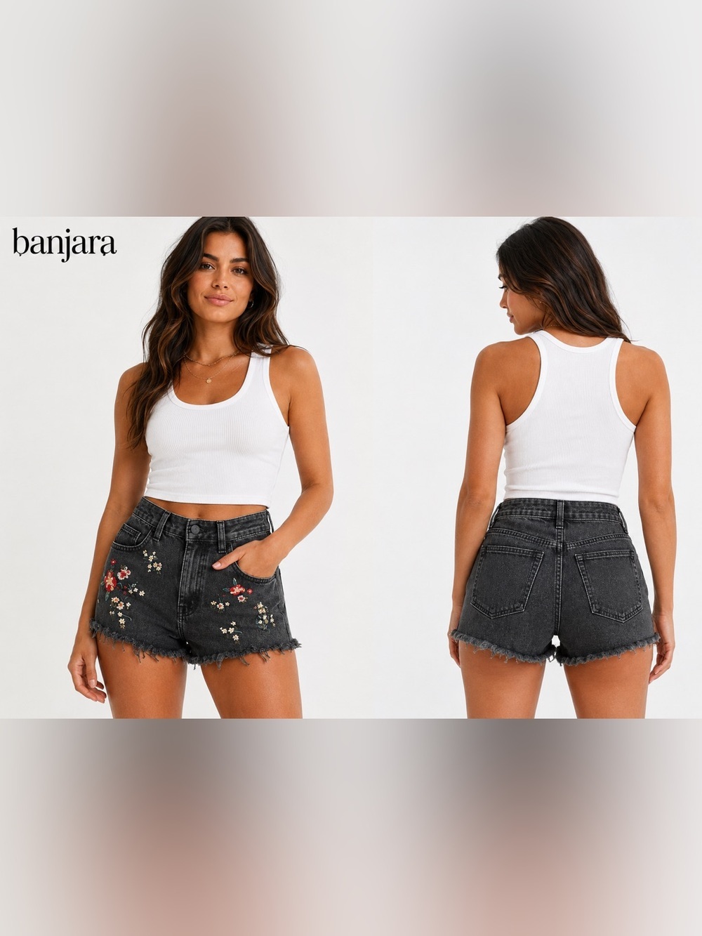 Title:
ban.jara Size 00/22 Super High Rise Embroidered Black Denim  Shorts boho